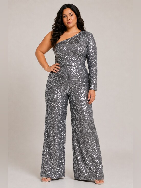 PrettyLittleThing Pants - PrettyLittleThing Silver Sequin One Shoulder Wide Leg Jumpsuit | Party Glam